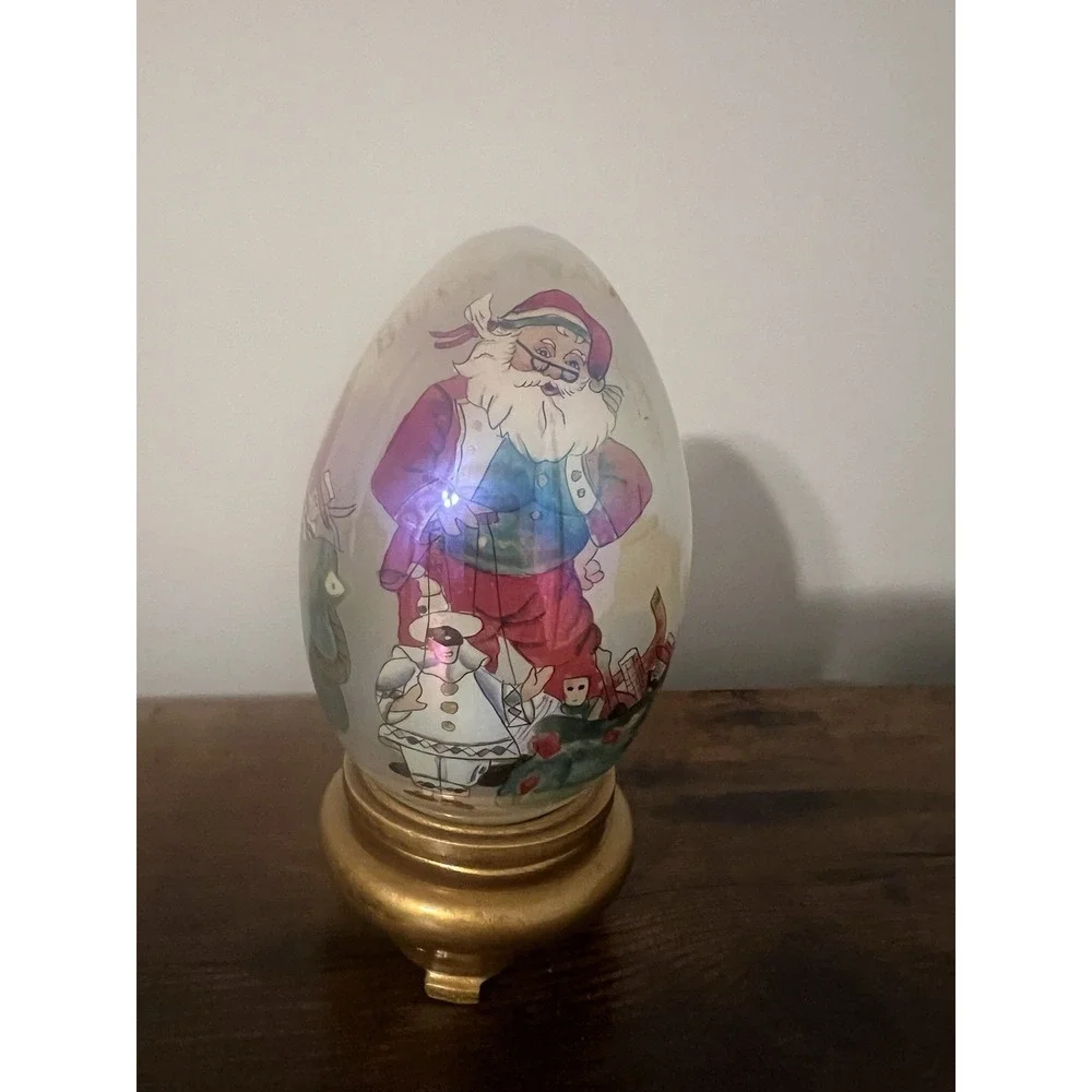 Les Hans‎ Inside Painted Glass Egg Renaissance Santa Wood Base Vintage